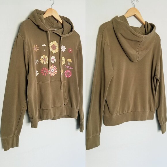 O'Niell Offshore Cotton Fleece Graphic Hoodie M Olive Green Mushroom Flower Boho - Picture 16 of 16